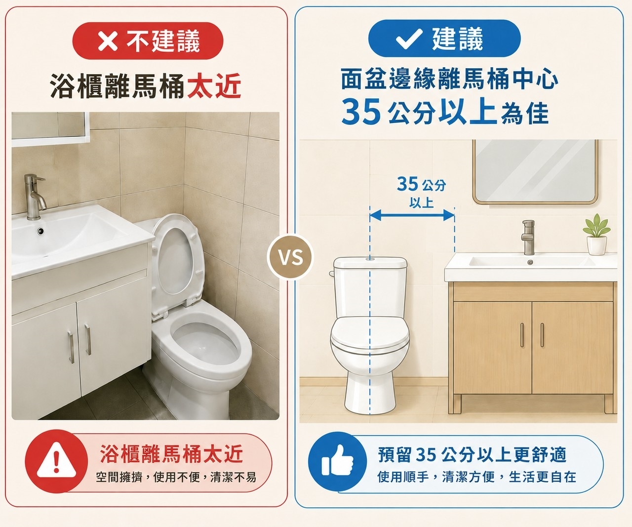 60公分完整浴櫃壓縮馬桶腿部空間示意