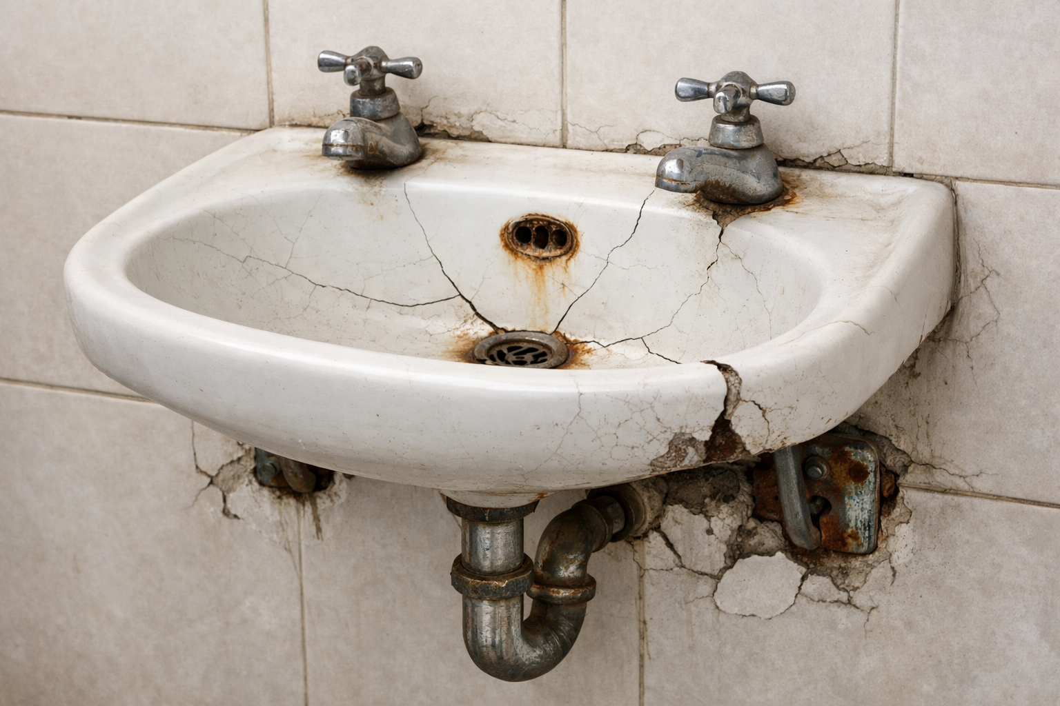 這是一張舊款破碎的面盆的照片